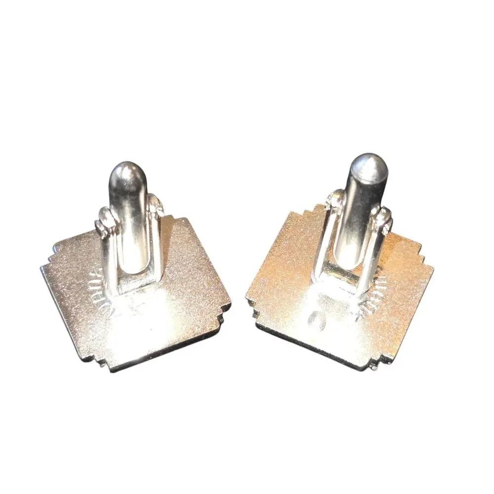 Swank Signed Charcoal Grid Cut Stone Inlaid Silver Tone‎ Cuff Links 0.75
